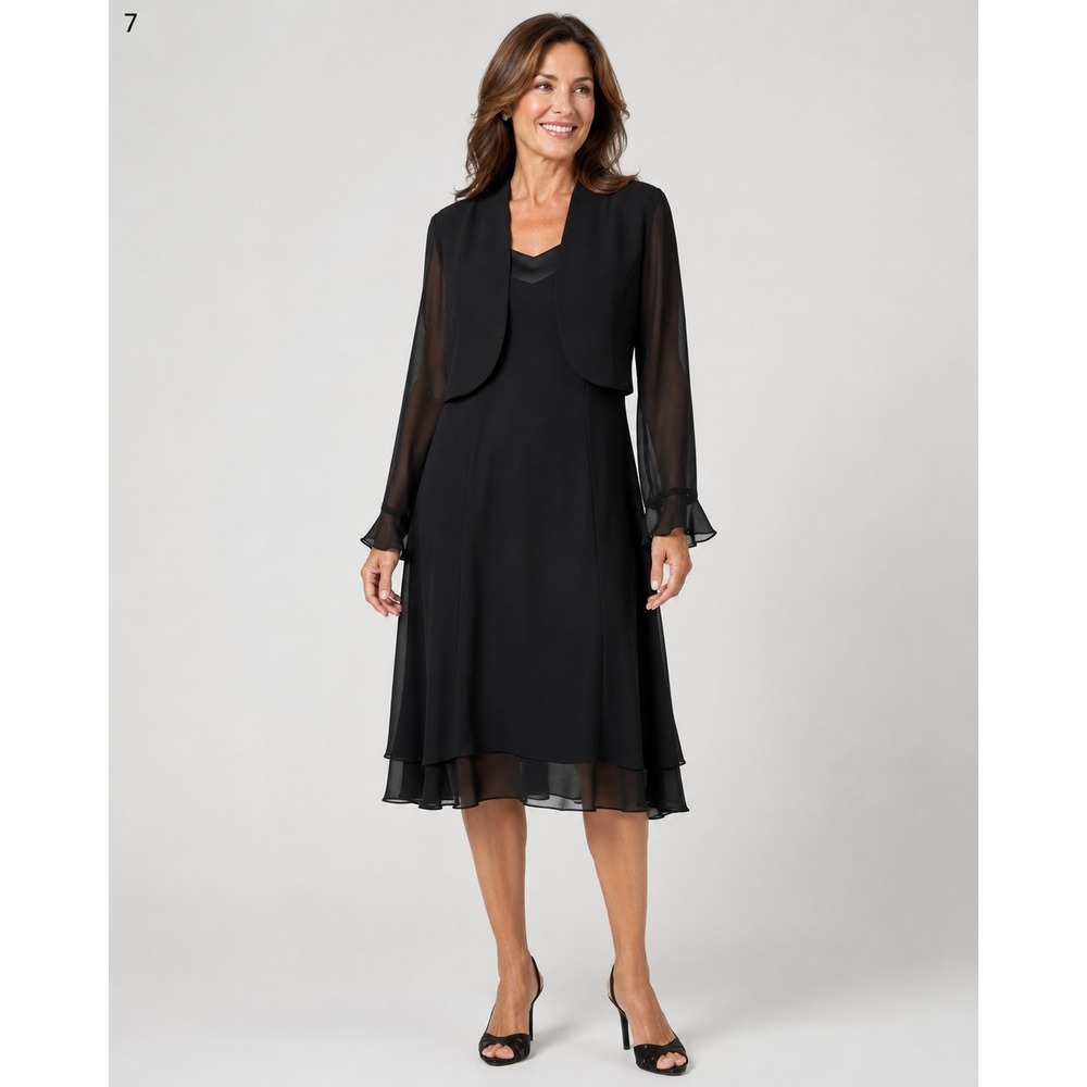 Onyx Nite 2 Pc Dress Set Women 12 Black Bolero Jacket Sheer Sleeve Midi Dress